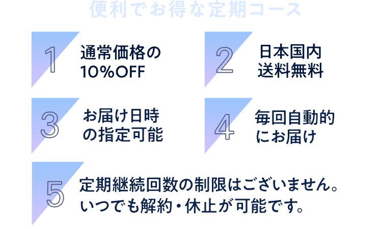 便利でお得な定期コース 通常価格の10%OFF 日本国内送料無料 お届け日時の指定可能 いつでもお休み可能 継続回数の
          制限なし 毎回自動的にお届け