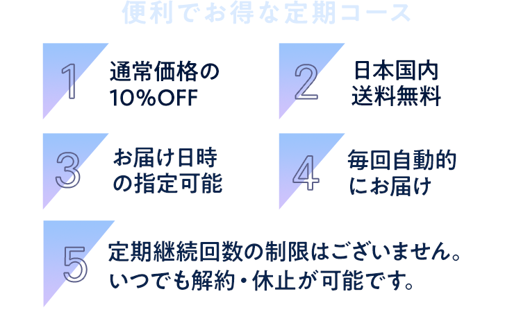 便利でお得な定期コース 通常価格の10%OFF 日本国内送料無料 お届け日時の指定可能 いつでもお休み可能 継続回数の
          制限なし 毎回自動的にお届け