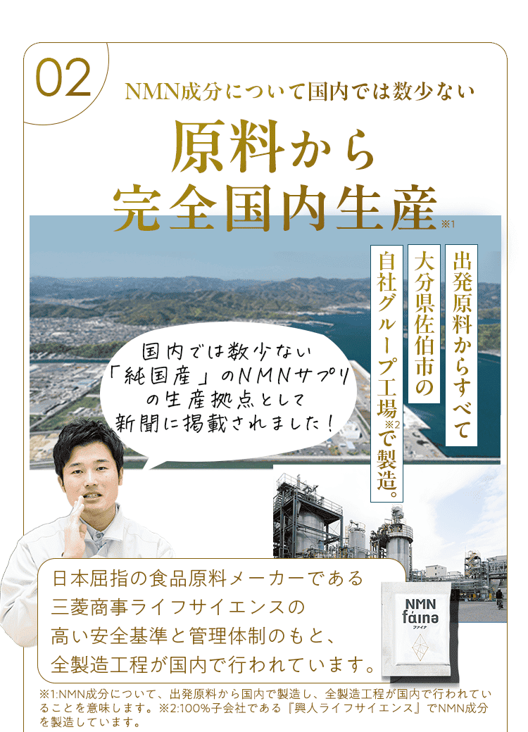 NMN成分について国内では数少ない 原料から完全国内生産