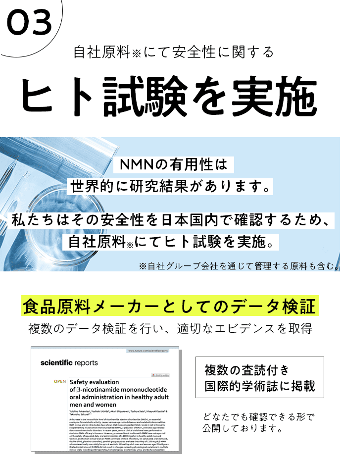 自社原料にて安全性に関するヒト試験を実施