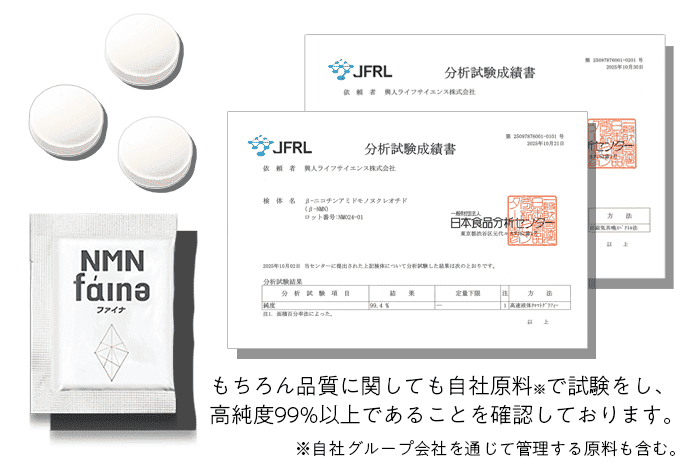 もちろん品質に関しても自社原料で試験をし、高純度99%以上であることを確認しております。